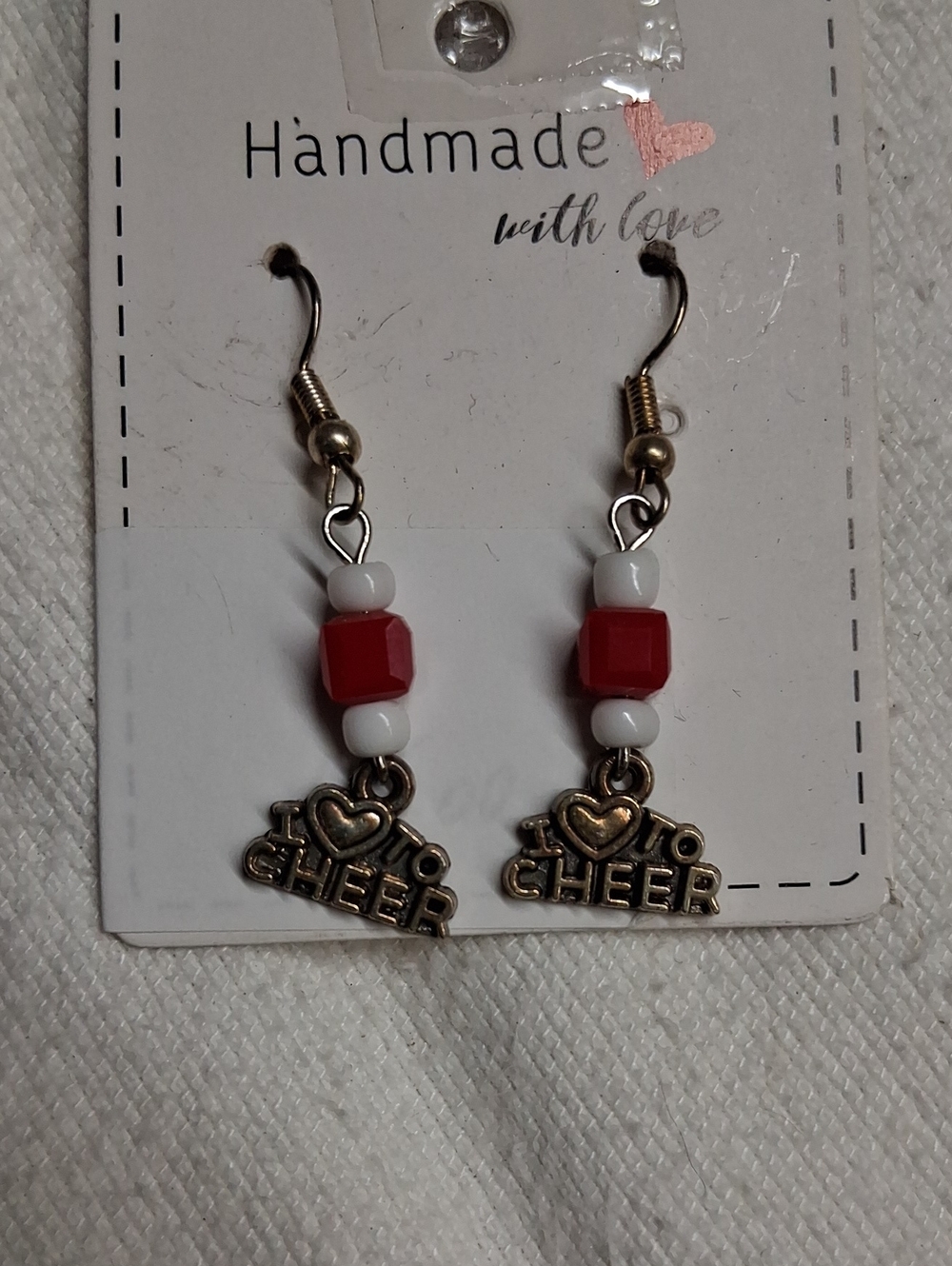 Handmade I Love Cheer Red and White Beaded Dangle Earrings